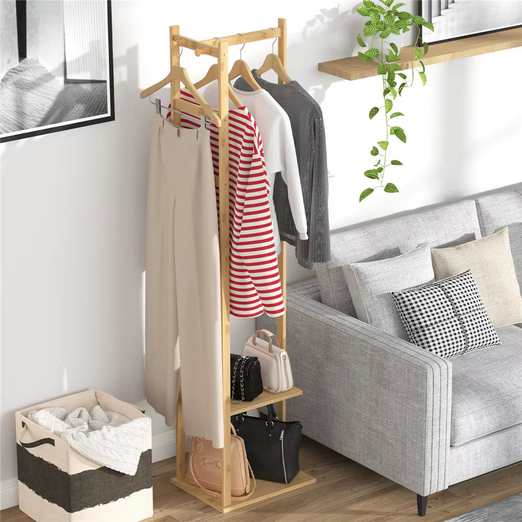 Bamboo Hallway Corner Clothing Coat Rack Stand Clothes Hanging Rail Shelf