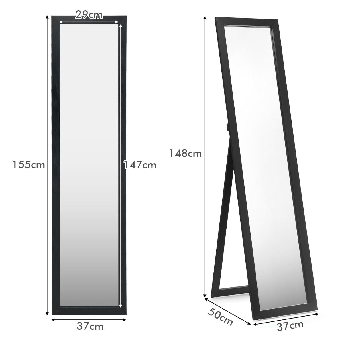 Espejo De Cuerpo Entero Montado a La Pared Con Estructura De Madera Para Dormitorio Salón Entrada Negro 37 X 50 X 155 Cm