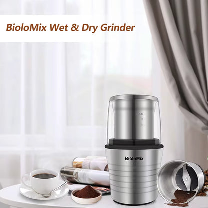 300W Electric Spices and Coffee Bean Grinder Wet and Dry 2-In-1 Double Cups Stainless Steel Body and Miller Blades