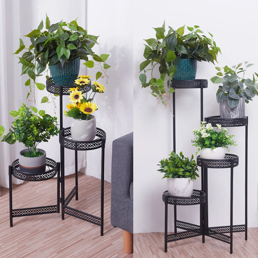 3/4 Tier Metal Plant Stand Indoor Black Tall Flower Pot Holder Display Rack Foldable for Patio Garden Living Room Corner Balcony