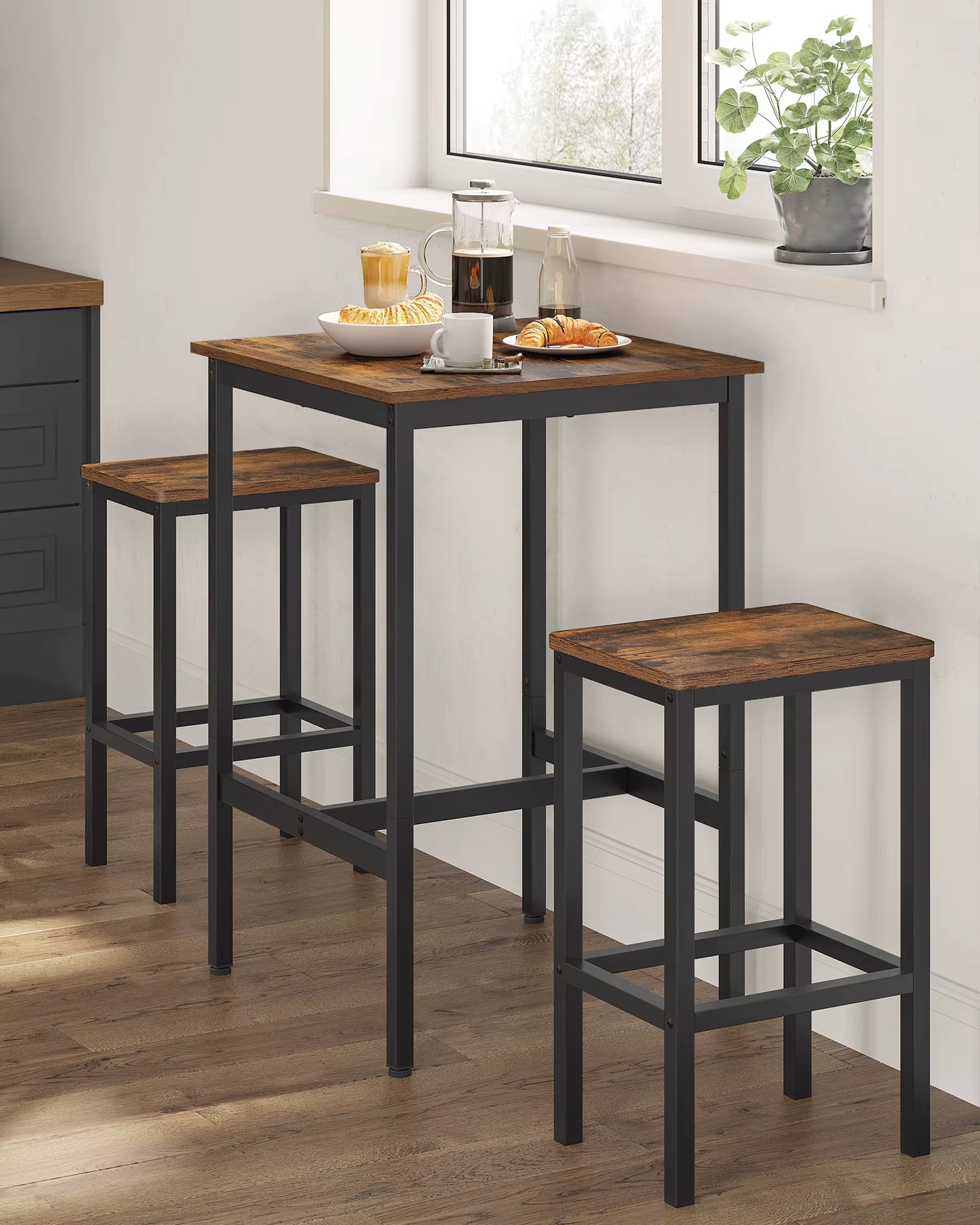 VASAGLE Bar Table with Bar Stool Set, Dining Table with 2 Chairs, Small Kitchen Table, Bar Chairs for Dining Room, Kitchen