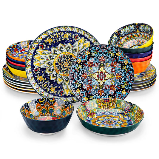 VANCASSO SIMI Dinnerware Ceramic 24/48 Piece Stoneware Bohemian Style Dinnerware Set with Dinner/Dessert Plate Cereal/Pasta Bowl