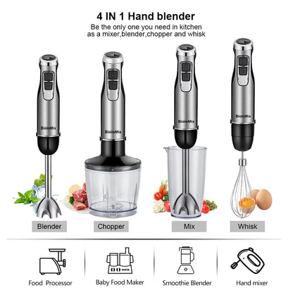 4 in 1 High Power 1200W Immersion Hand Stick Blender Mixer Includes Chopper and Smoothie Cup Stainless Steel Ice Blades