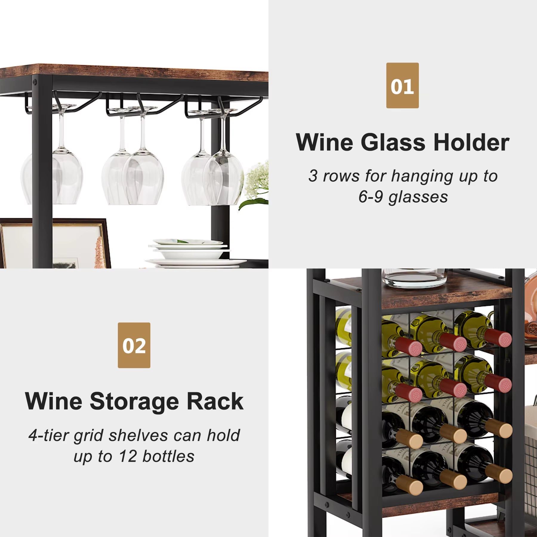 Wine Rack Freestanding Floor, 5-Tier Wine Baker Rack with Glass Holder & Wine Storage, Industrial Wine Display Shelf