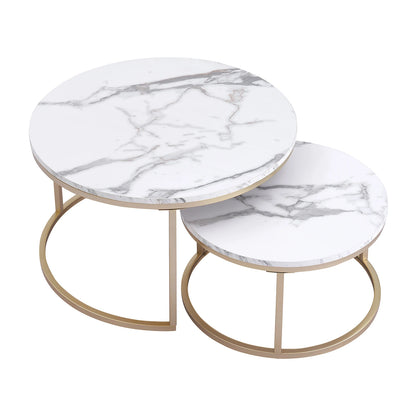 2Pcs Marble Texture Coffee Table for Living Room Sofa Side round Coffee Tea Table 2 in 1 Combination Furniture Golden White