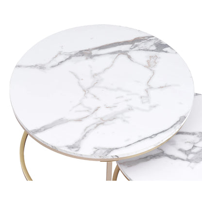 2Pcs Marble Texture Coffee Table for Living Room Sofa Side round Coffee Tea Table 2 in 1 Combination Furniture Golden White