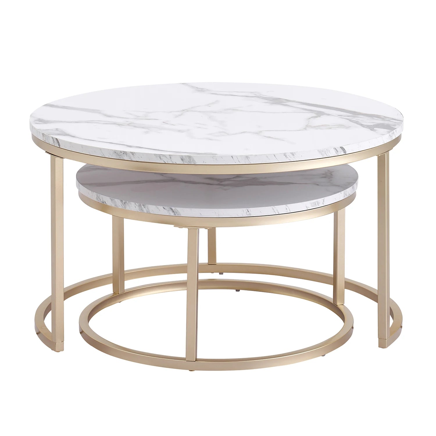 2Pcs Marble Texture Coffee Table for Living Room Sofa Side round Coffee Tea Table 2 in 1 Combination Furniture Golden White