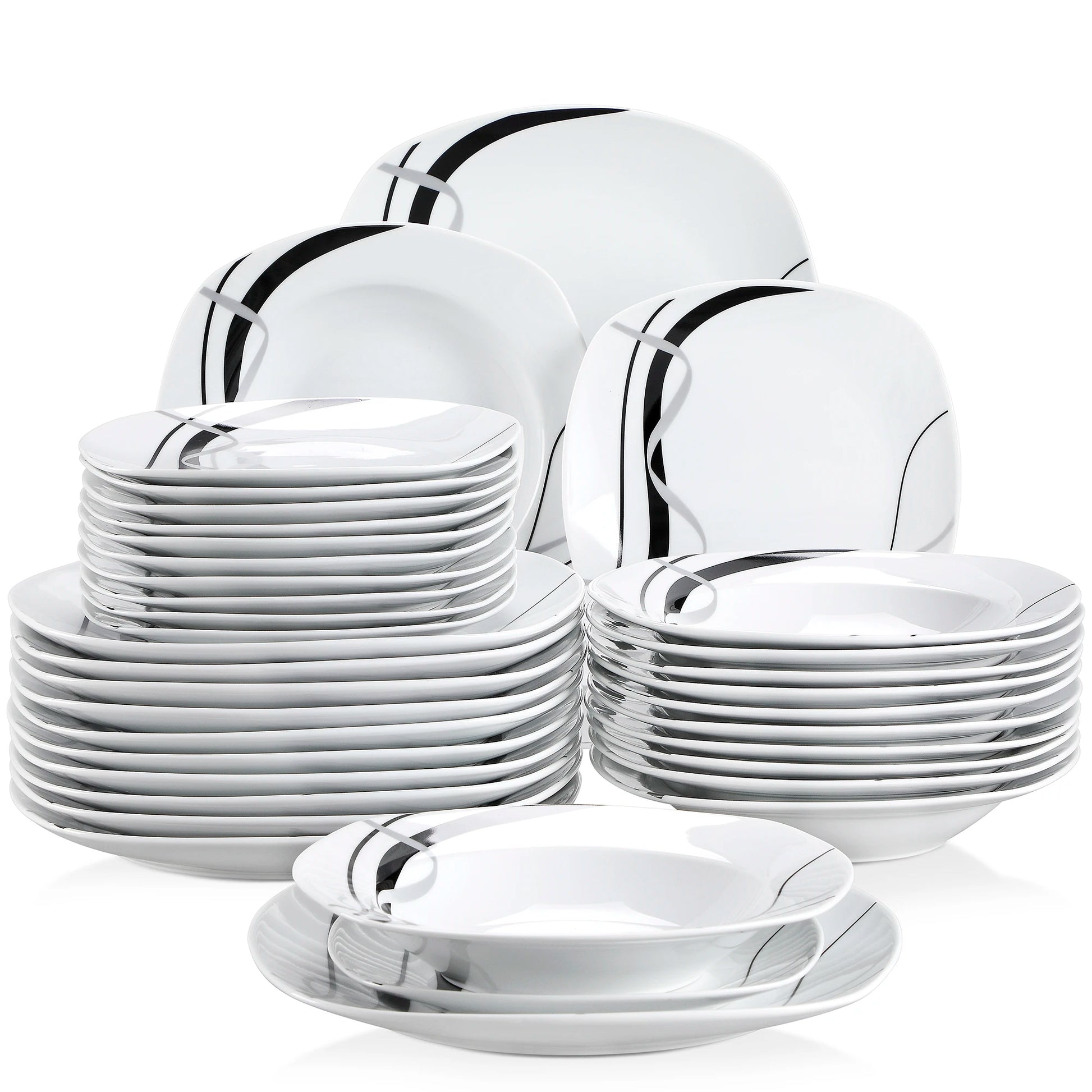 Vancasso Veweet - Porcelain Dinnerware Set Elegant Black Line Design - Dinner Plates, Dessert Plates & Soup Plates