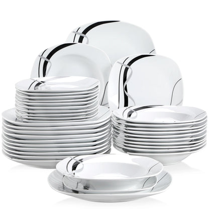 Vancasso Veweet - Porcelain Dinnerware Set Elegant Black Line Design - Dinner Plates, Dessert Plates & Soup Plates