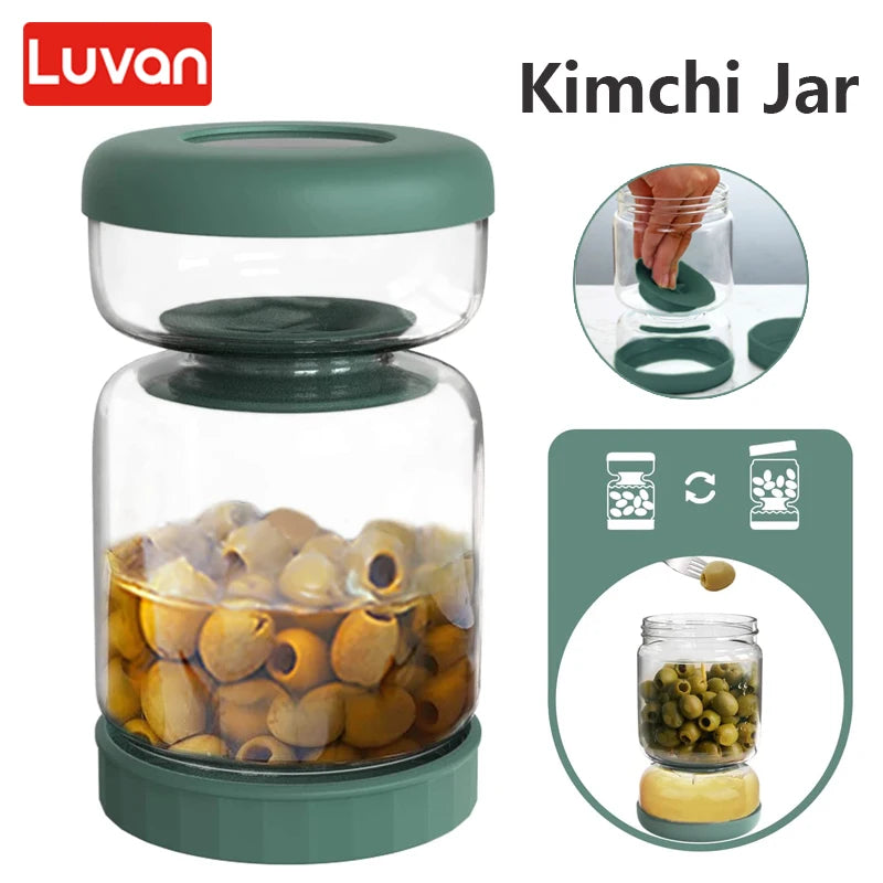 Glass Pickles Jar with Lids Strainer Olives Hourglass Jug Food Storage Kimchi Container Jalapenos Fermentation Kitchen Separator