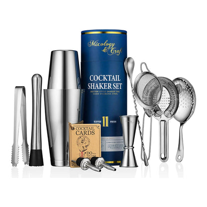 Cocktail Shaker Set Bar Accessories Kit with Weighted Boston Shaker Muddler Strainer Jigger Home Bartending Tools for Bartender