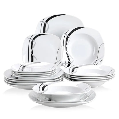 Vancasso Veweet - Porcelain Dinnerware Set Elegant Black Line Design - Dinner Plates, Dessert Plates & Soup Plates