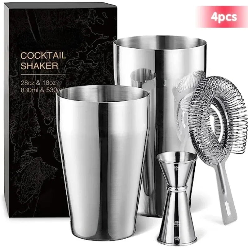 Cocktail Mixer Shaker Set 4Pcs Boston Shaker Tins Bartender Kit 18Oz & 28Oz Mixed Drink Shaker Strainer Double Measuring Jigger