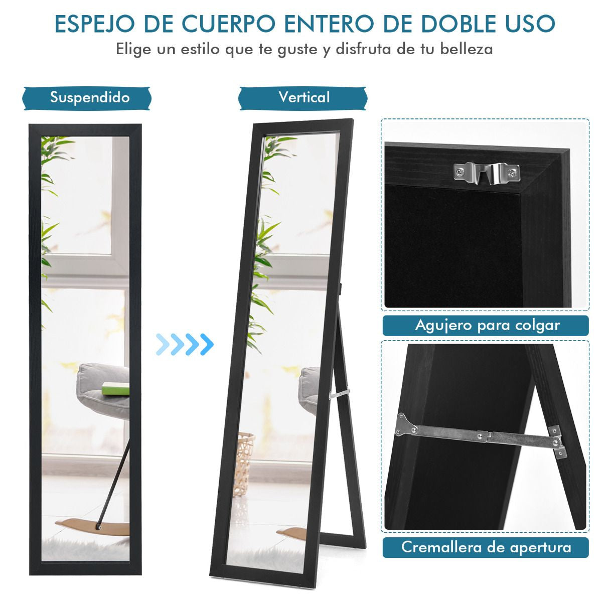 Espejo De Cuerpo Entero Montado a La Pared Con Estructura De Madera Para Dormitorio Salón Entrada Negro 37 X 50 X 155 Cm