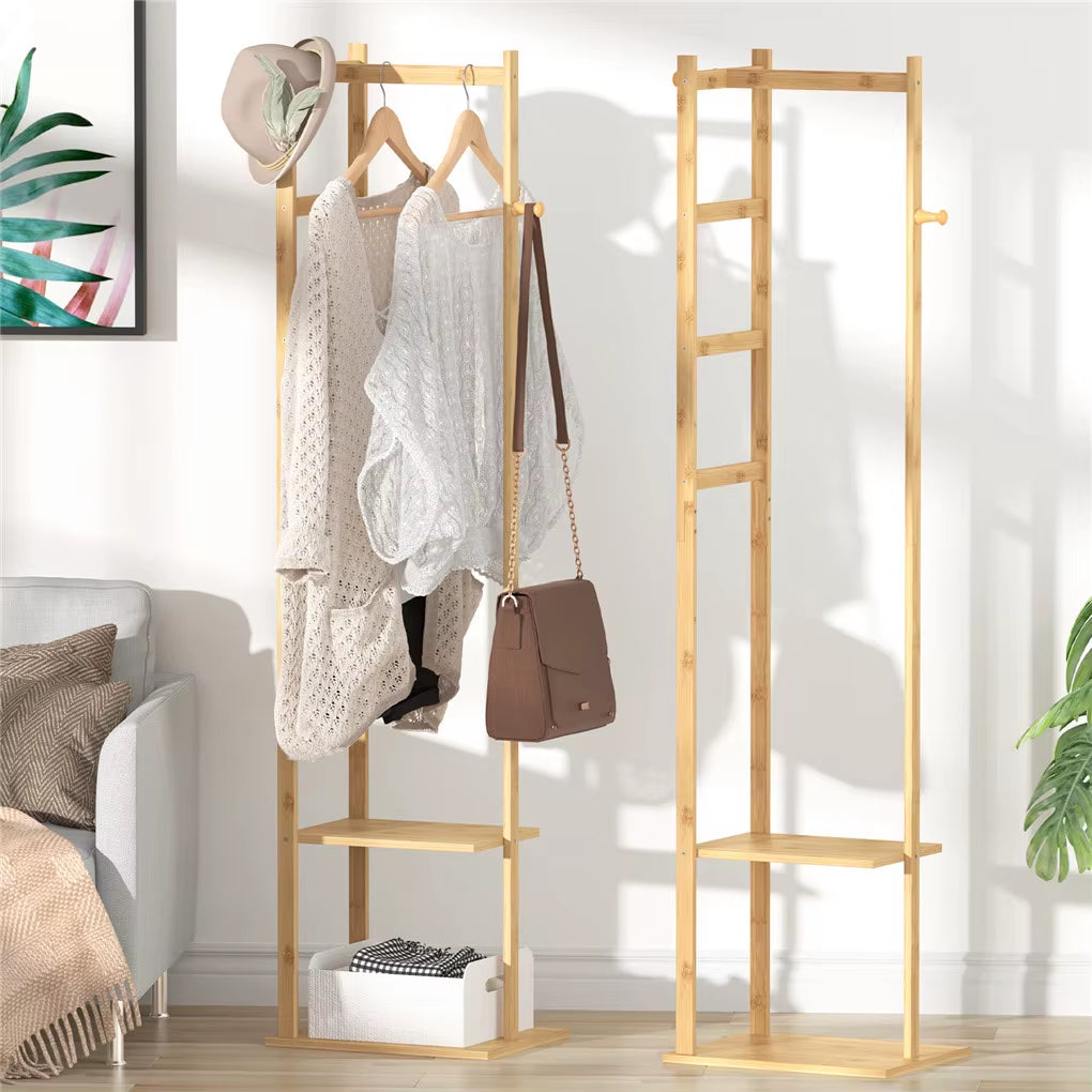 Bamboo Hallway Corner Clothing Coat Rack Stand Clothes Hanging Rail Shelf