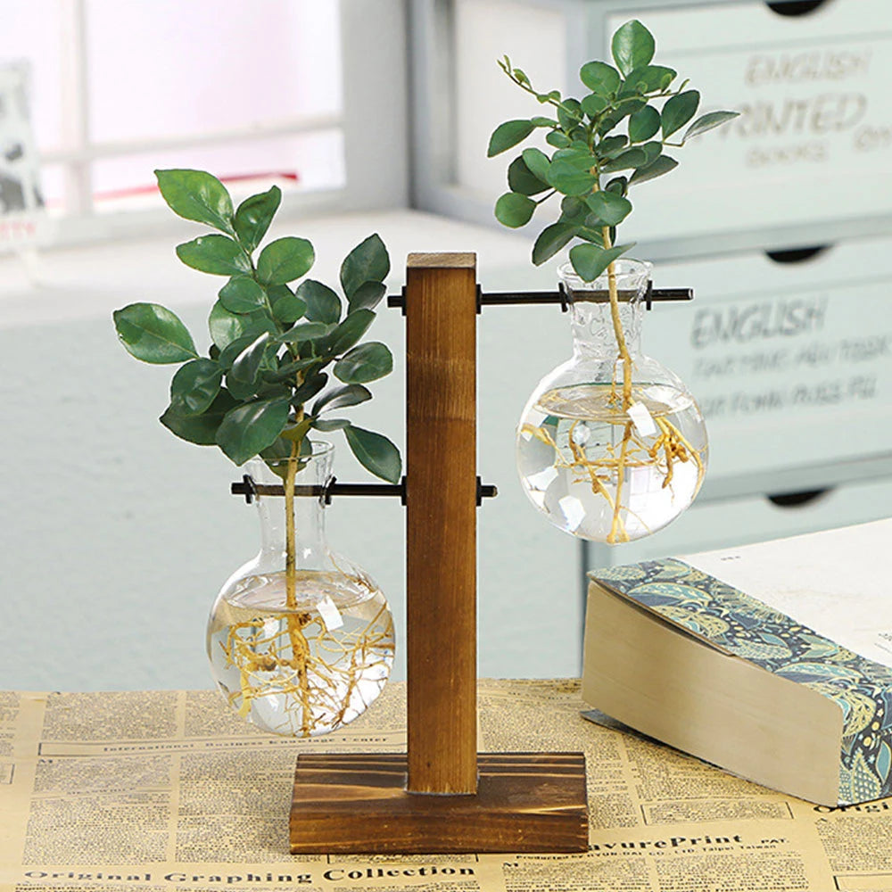 Creative Glass Desktop Planter Bulb Vase Wooden Stand Hydroponic Plant Container Home Tabletop Decor Vases