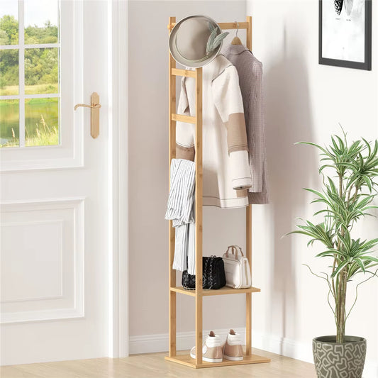 Bamboo Hallway Corner Clothing Coat Rack Stand Clothes Hanging Rail Shelf