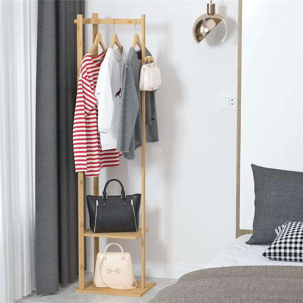 Bamboo Hallway Corner Clothing Coat Rack Stand Clothes Hanging Rail Shelf