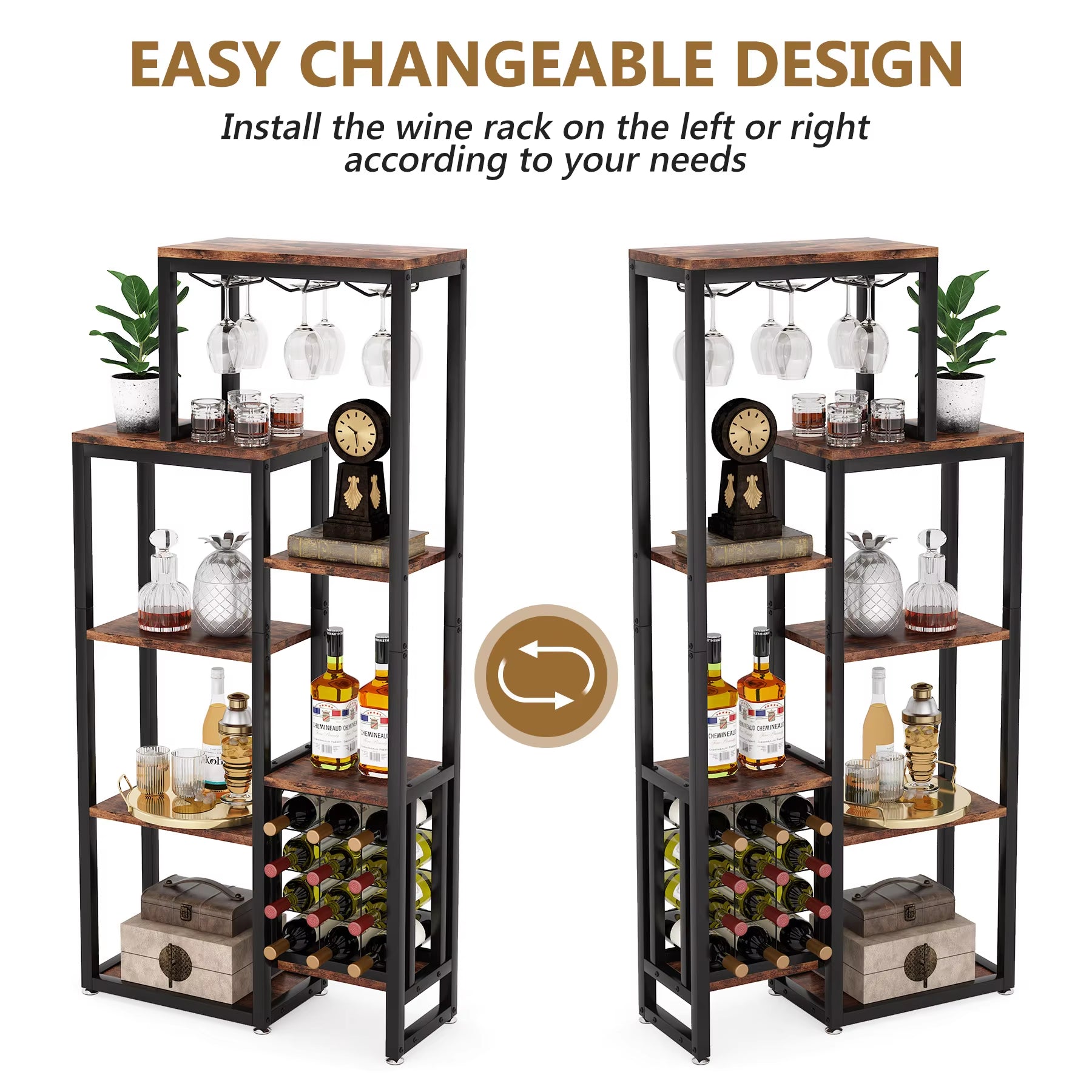 Wine Rack Freestanding Floor, 5-Tier Wine Baker Rack with Glass Holder & Wine Storage, Industrial Wine Display Shelf