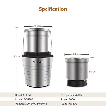 300W Electric Spices and Coffee Bean Grinder Wet and Dry 2-In-1 Double Cups Stainless Steel Body and Miller Blades