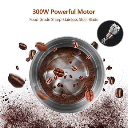 300W Electric Spices and Coffee Bean Grinder Wet and Dry 2-In-1 Double Cups Stainless Steel Body and Miller Blades