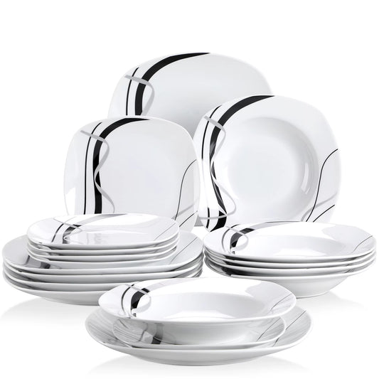 Vancasso Veweet - Porcelain Dinnerware Set Elegant Black Line Design - Dinner Plates, Dessert Plates & Soup Plates