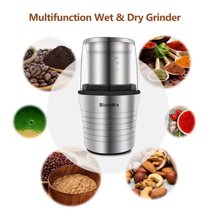 300W Electric Spices and Coffee Bean Grinder Wet and Dry 2-In-1 Double Cups Stainless Steel Body and Miller Blades