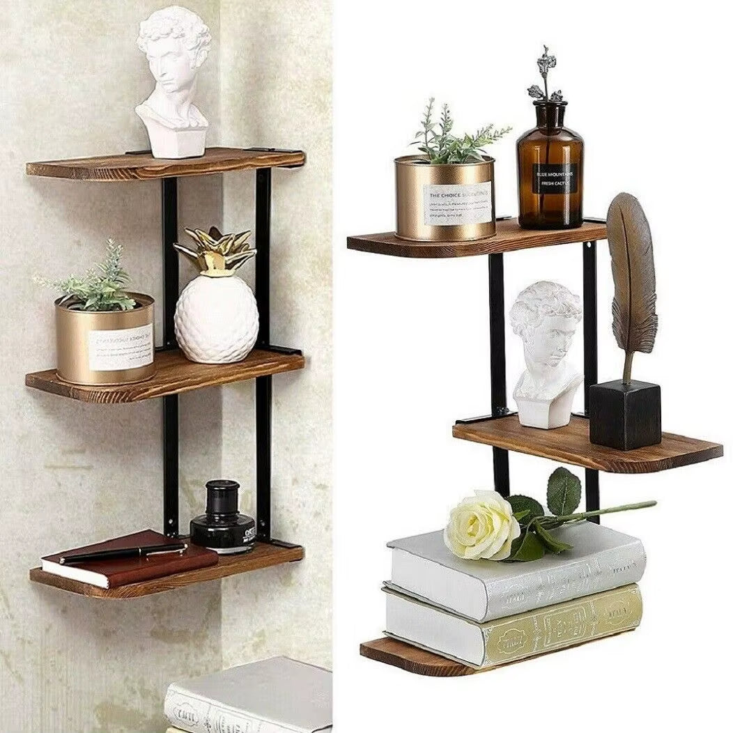 Corner Shelf Wall Mounted 3 Tier Rustic Wood Wall Shelving Units for Kitchen Living Room Bathroom