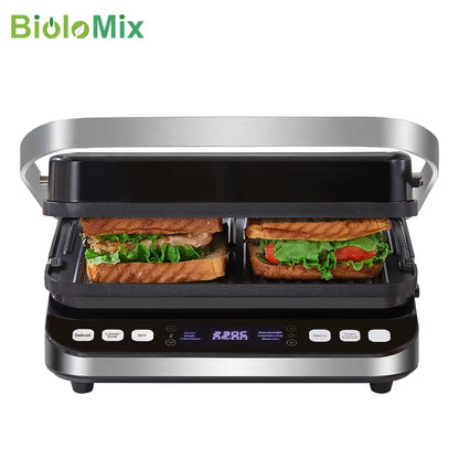 2000W Electric Contact Grill Digital Griddle and Panini Press, Optional Waffle Maker Plates, Opens 180 Degree Barbecue