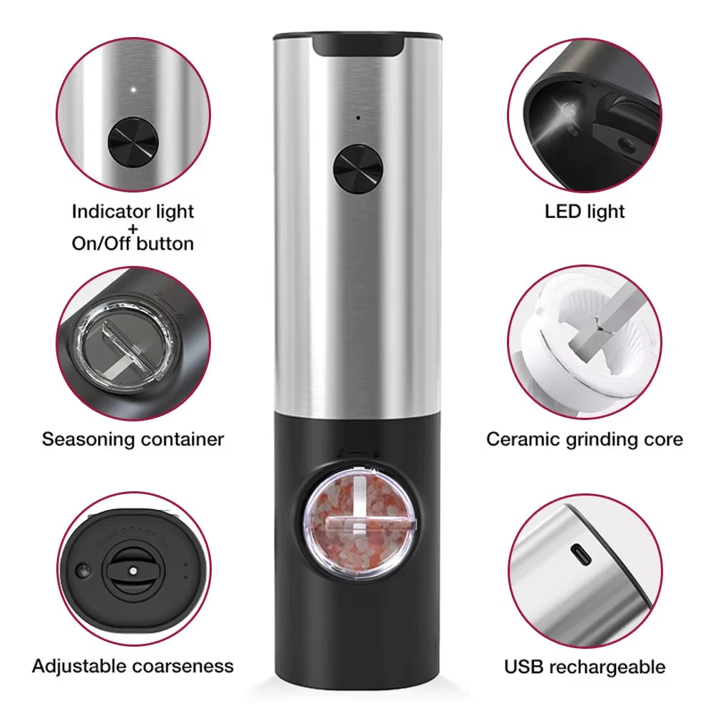 Electric Pepper Grinder Stainless Steel Salt and Pepper Grinder USB Rechargeable Adjustable Coarseness Spice Mill Kitchen Tool