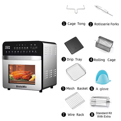 15L 11-In-1 Stainless Steel Air Fryer Oil-Less 1700W Dual Heating Touchscreen Oven Toaster Rotisserie and Dehydrator